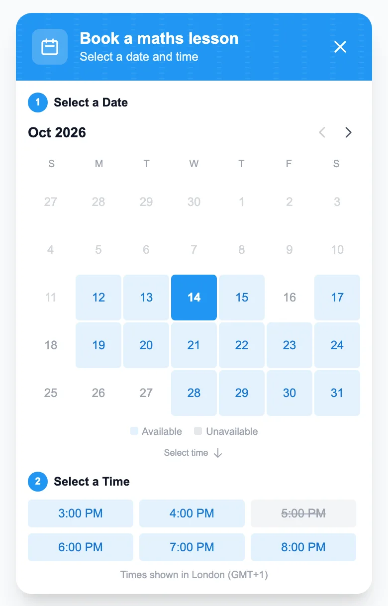 Booking calendar on a sample MinglyLink page showing October 2026, the 14th selected and open time slots from 3:00 PM to 8:00 PM, one already taken