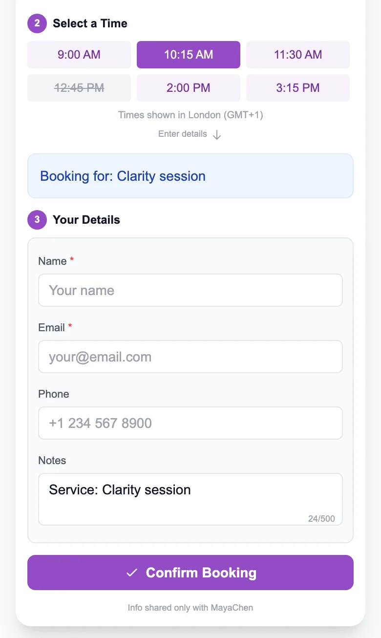 Booking a session on a sample coaching page: a time selected, a Booking for: Clarity session note, and fields for the client’s name, email, phone and notes