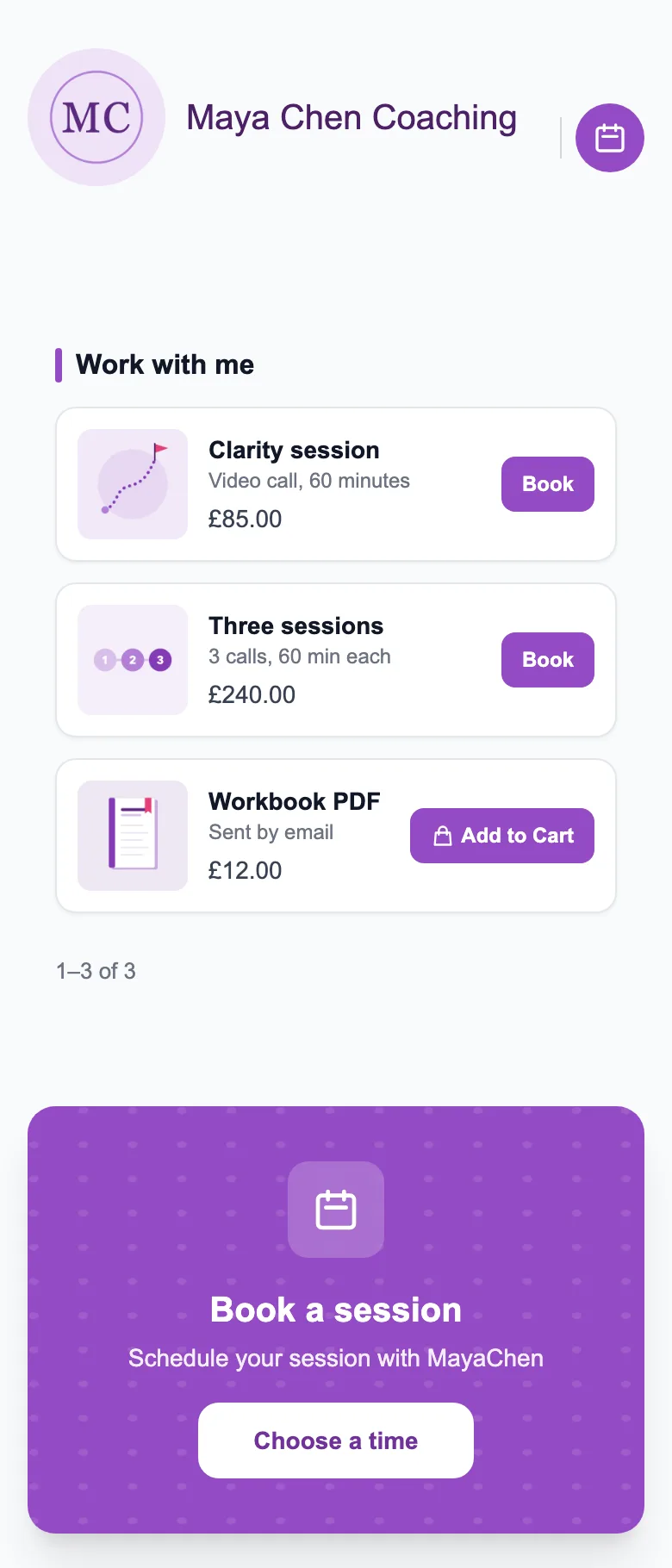 Sample MinglyLink page for Maya Chen Coaching with two priced sessions and Book buttons, a workbook with Add to Cart, and a Book a session card