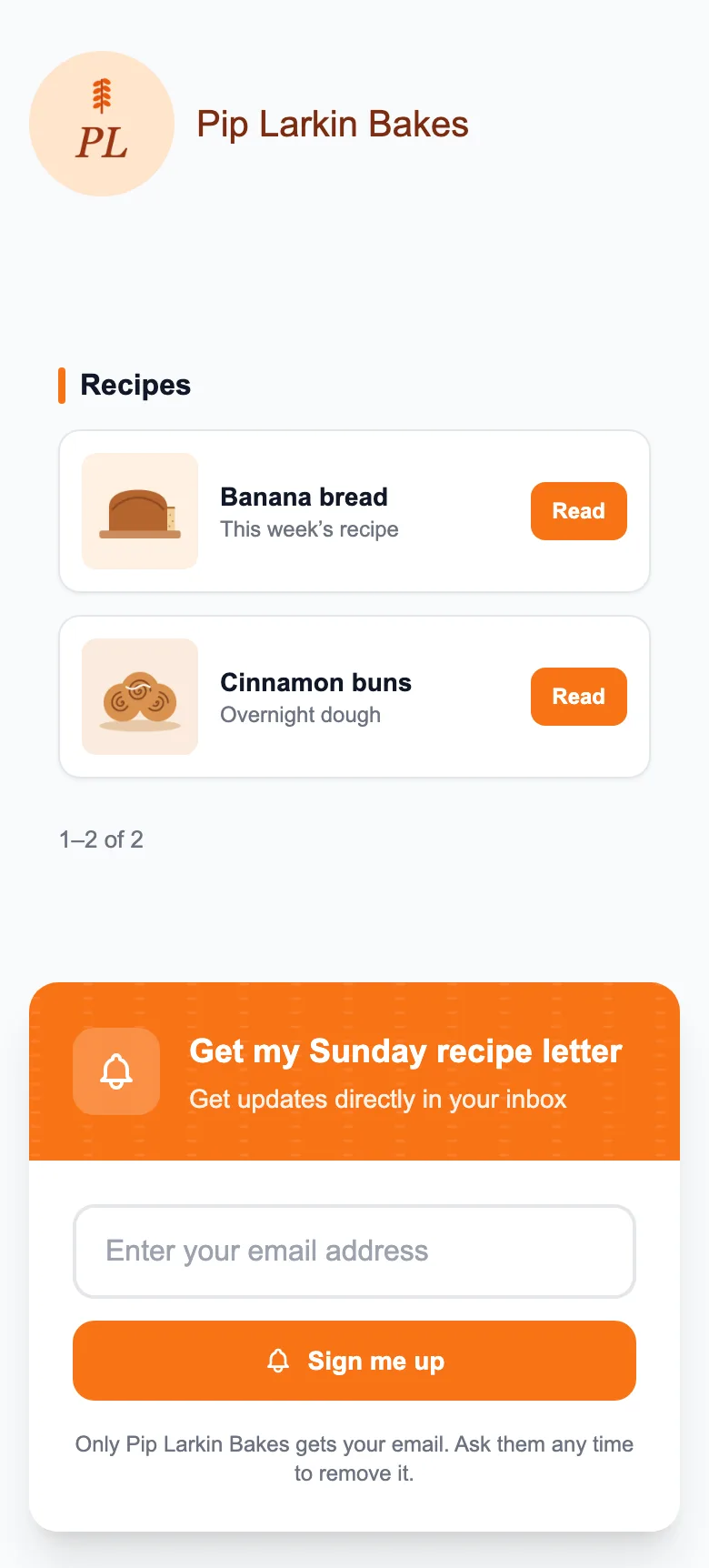 Sample MinglyLink page for Pip Larkin Bakes with two recipe links and an email sign-up form titled Get my Sunday recipe letter