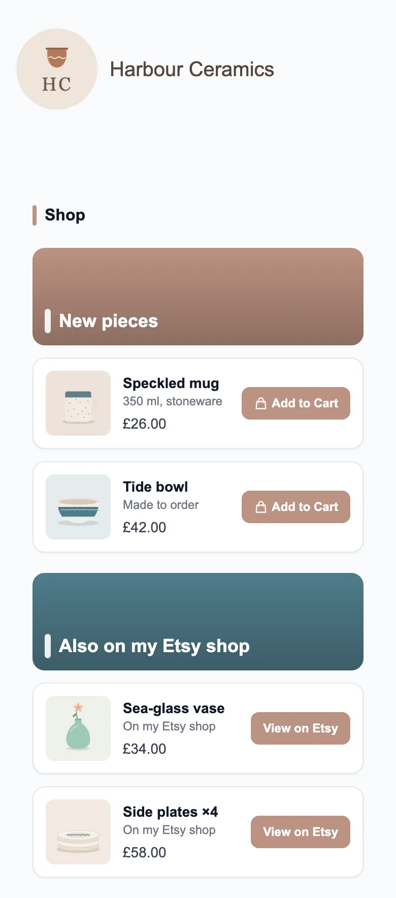 Sample MinglyLink page for Harbour Ceramics with two pieces for sale with Add to Cart buttons and two link cards with View on Etsy buttons