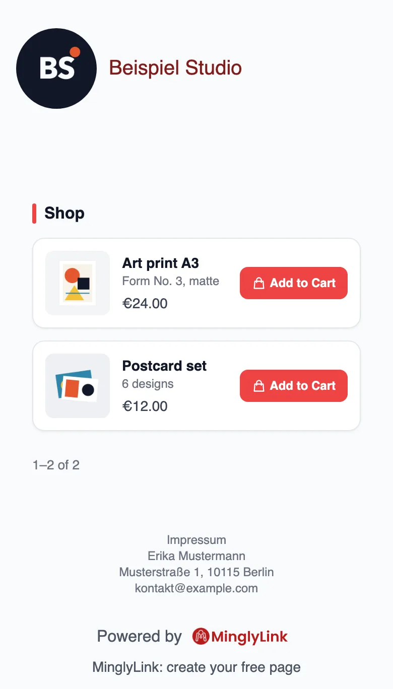 Sample MinglyLink page for Beispiel Studio with two products and a legal notice (Impressum) in the footer, above Powered by MinglyLink