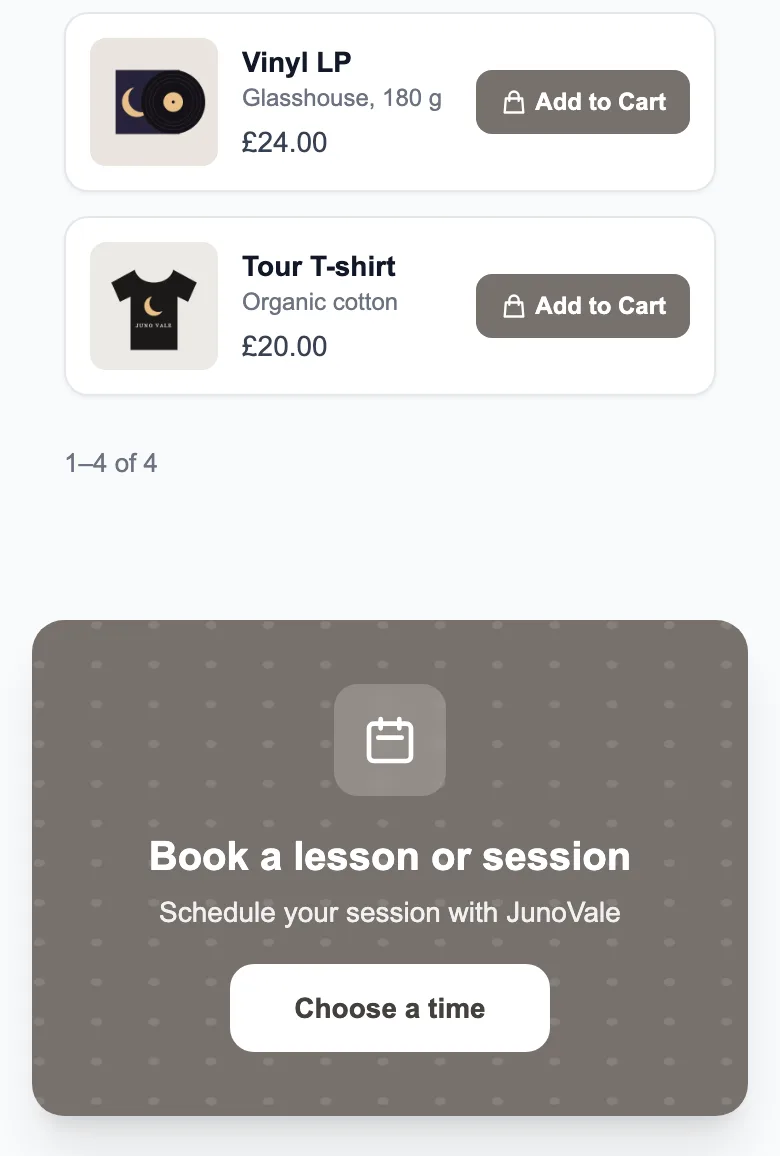 Lower part of a sample musician page with two merch items and a Book a lesson or session card