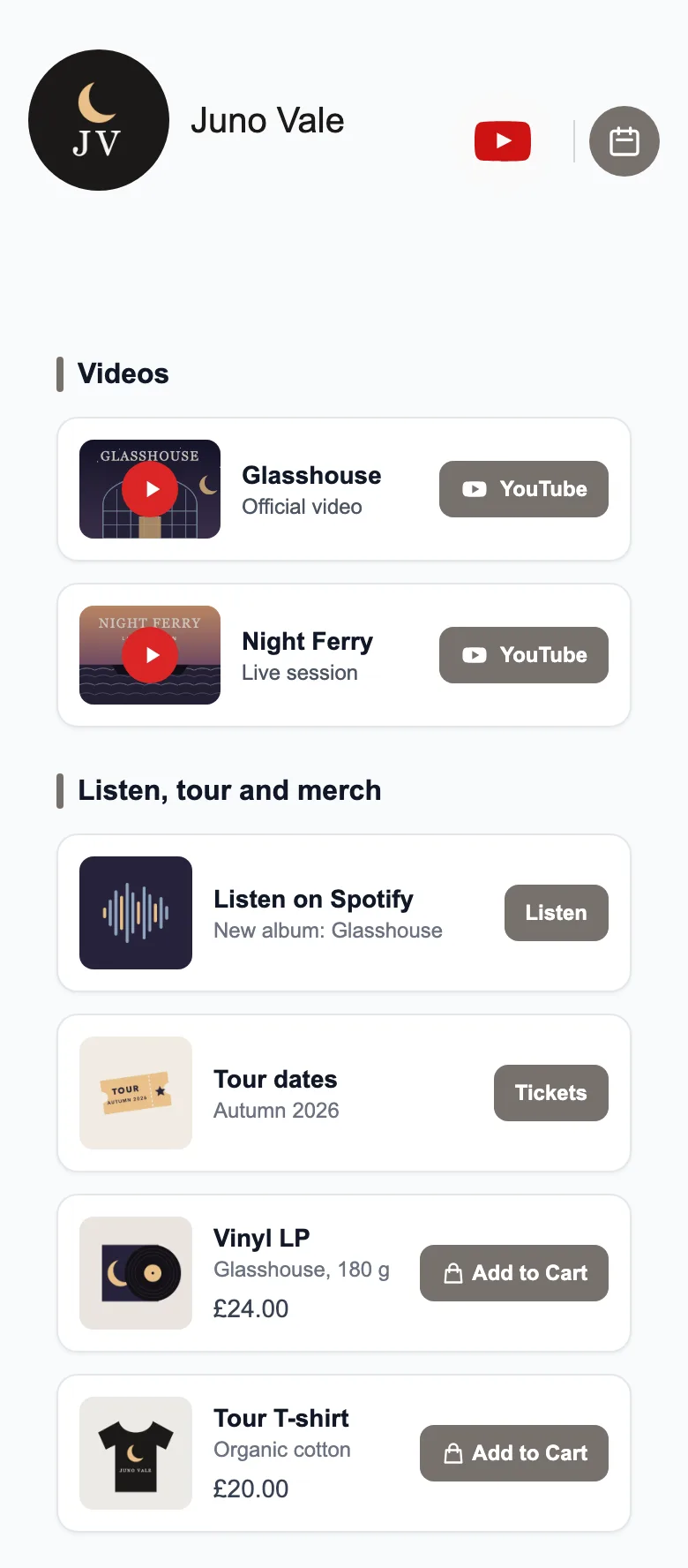 Sample MinglyLink page for the musician Juno Vale with two music videos, links to Spotify and to tour dates, and two merch items with Add to Cart buttons