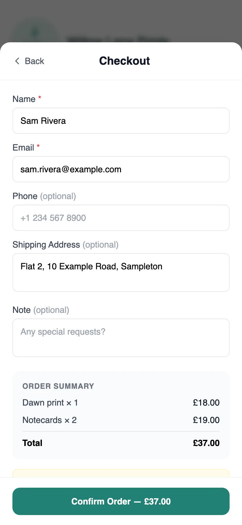 Order form in the cart drawer of a sample MinglyLink page: name and email filled in, optional phone, address and note fields, an order summary and a Confirm Order button