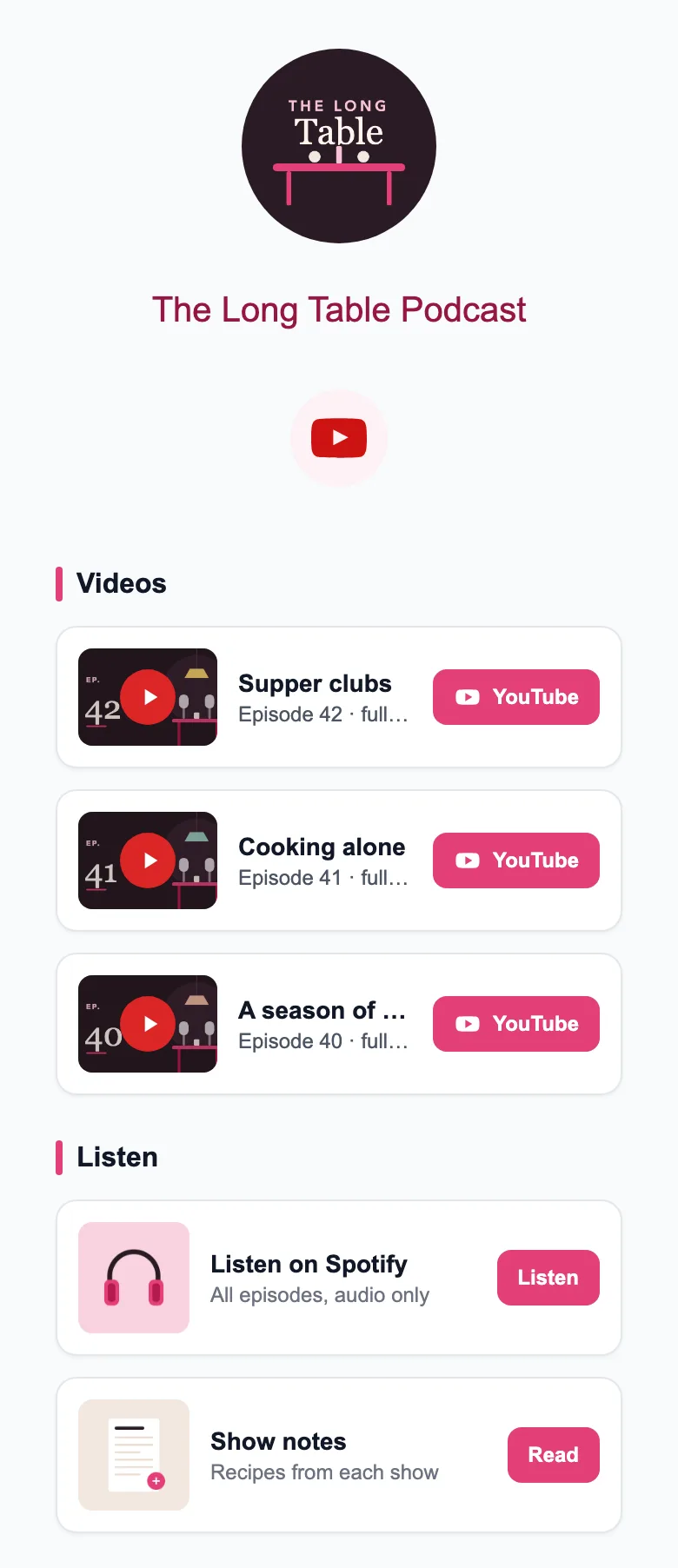 Sample MinglyLink page for The Long Table Podcast with three video episodes and links to listen on Spotify and to read the show notes