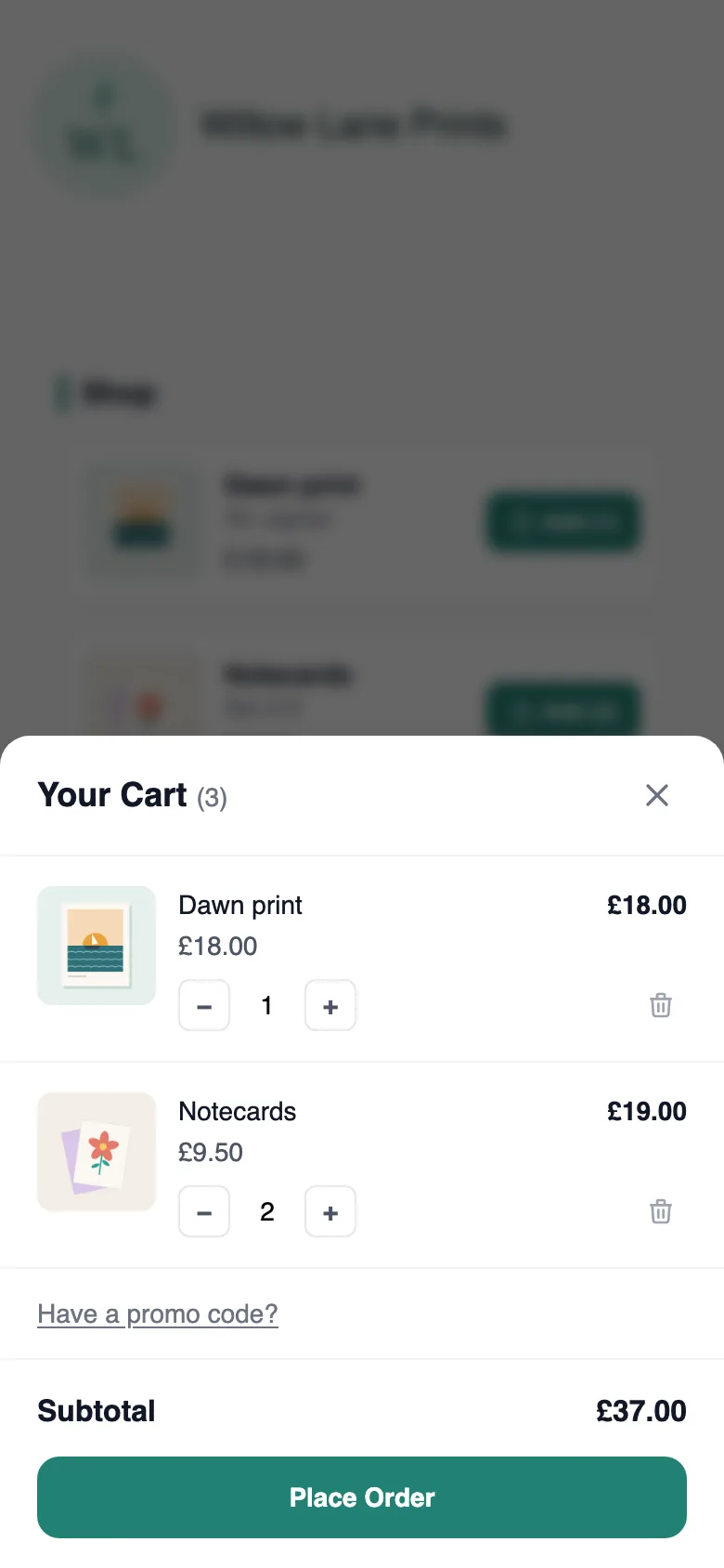 Cart drawer on a sample MinglyLink page with two products, quantity buttons, a promo code link, a £37.00 subtotal and a Place Order button