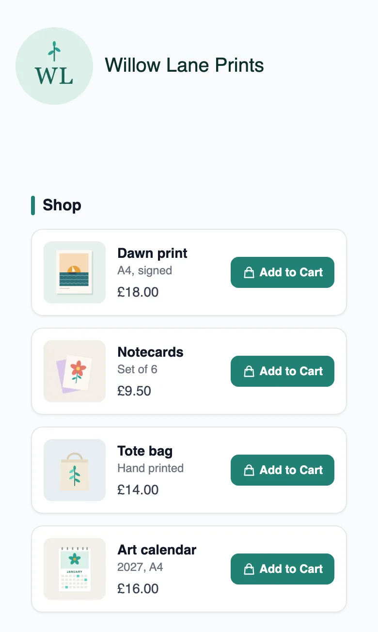 Sample MinglyLink page for Willow Lane Prints with four products, each showing a price and an Add to Cart button