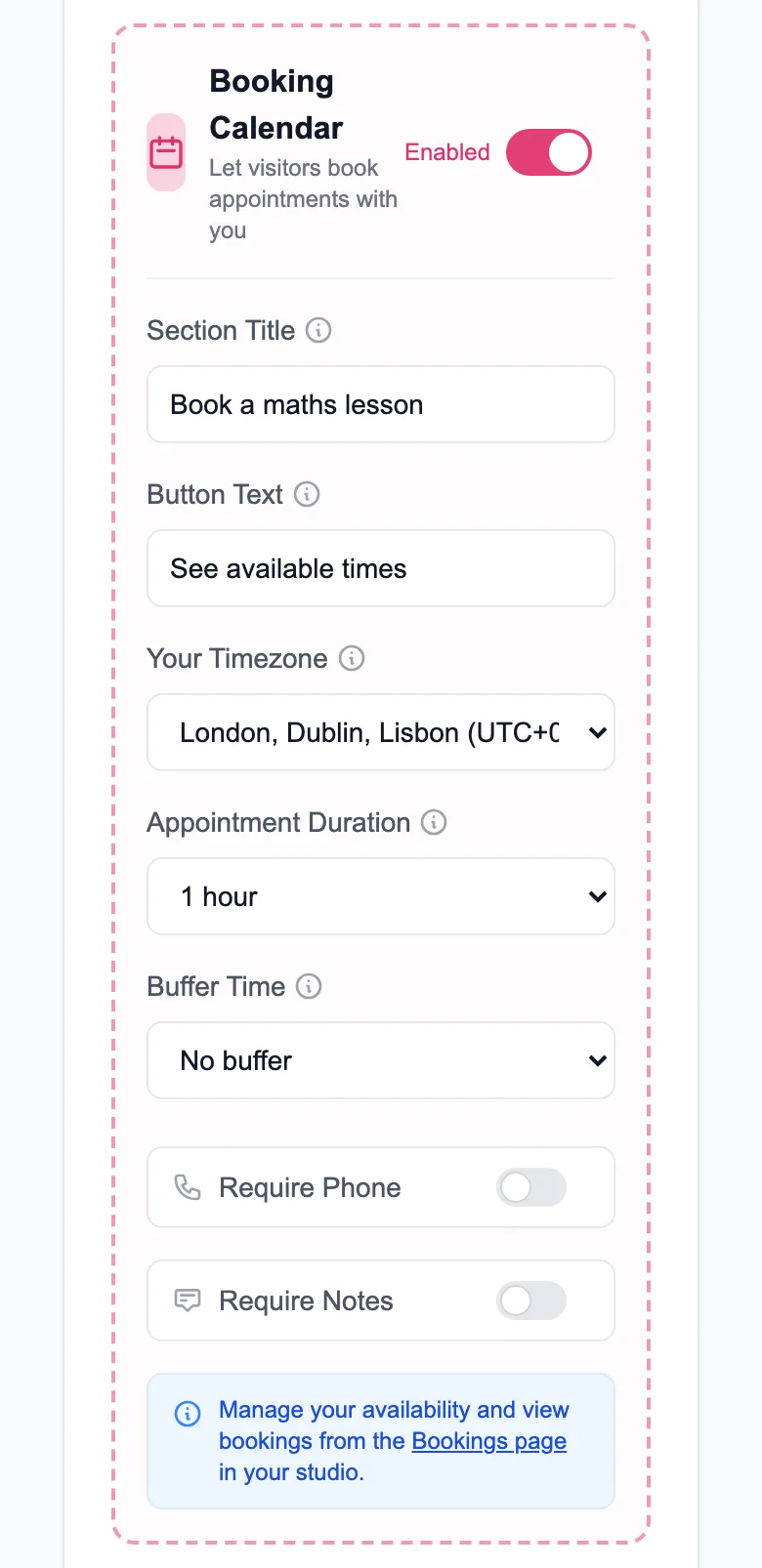Booking Calendar settings in MinglyLink Studio: section title, button text, time zone, a 1-hour appointment length, buffer time, and Require Phone and Require Notes switches