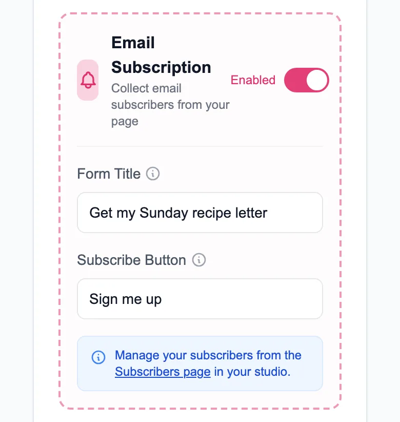Email Subscription settings in MinglyLink Studio with the sign-up form switched on and its own title and button label