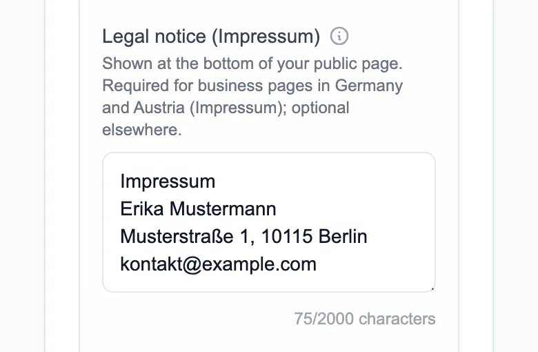 Legal notice (Impressum) field in MinglyLink Studio settings holding a sample name, address and email