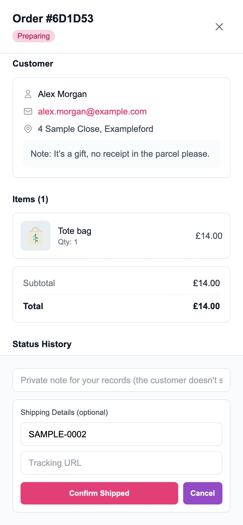 A sample order in MinglyLink Studio with the customer’s details, the item and total, and a tracking number entered before confirming it as shipped