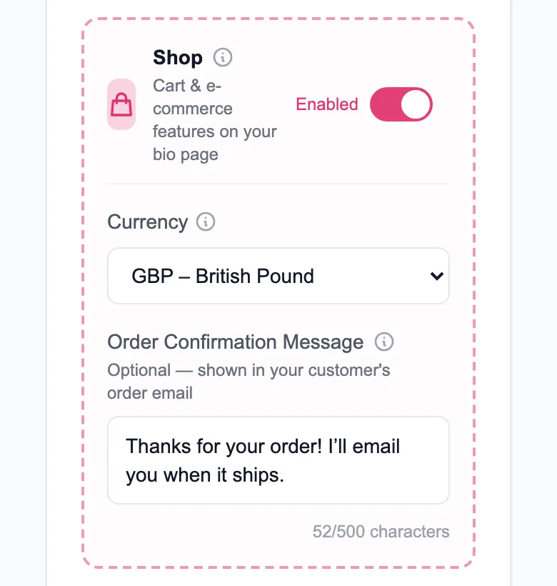 Shop settings in MinglyLink Studio with the shop switched on, GBP chosen as the currency and an order confirmation message